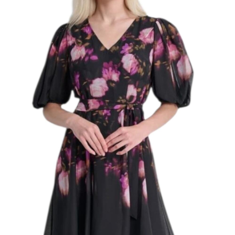 Dkny Floral Black and Pink Balloon Sleeve Tie Waist Surplice Dress Plus Size 20